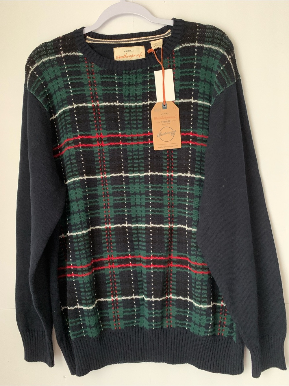 NWT Weatherproof Men's Green Plaid Crewneck Sweater with Black Sleeves Size XXL